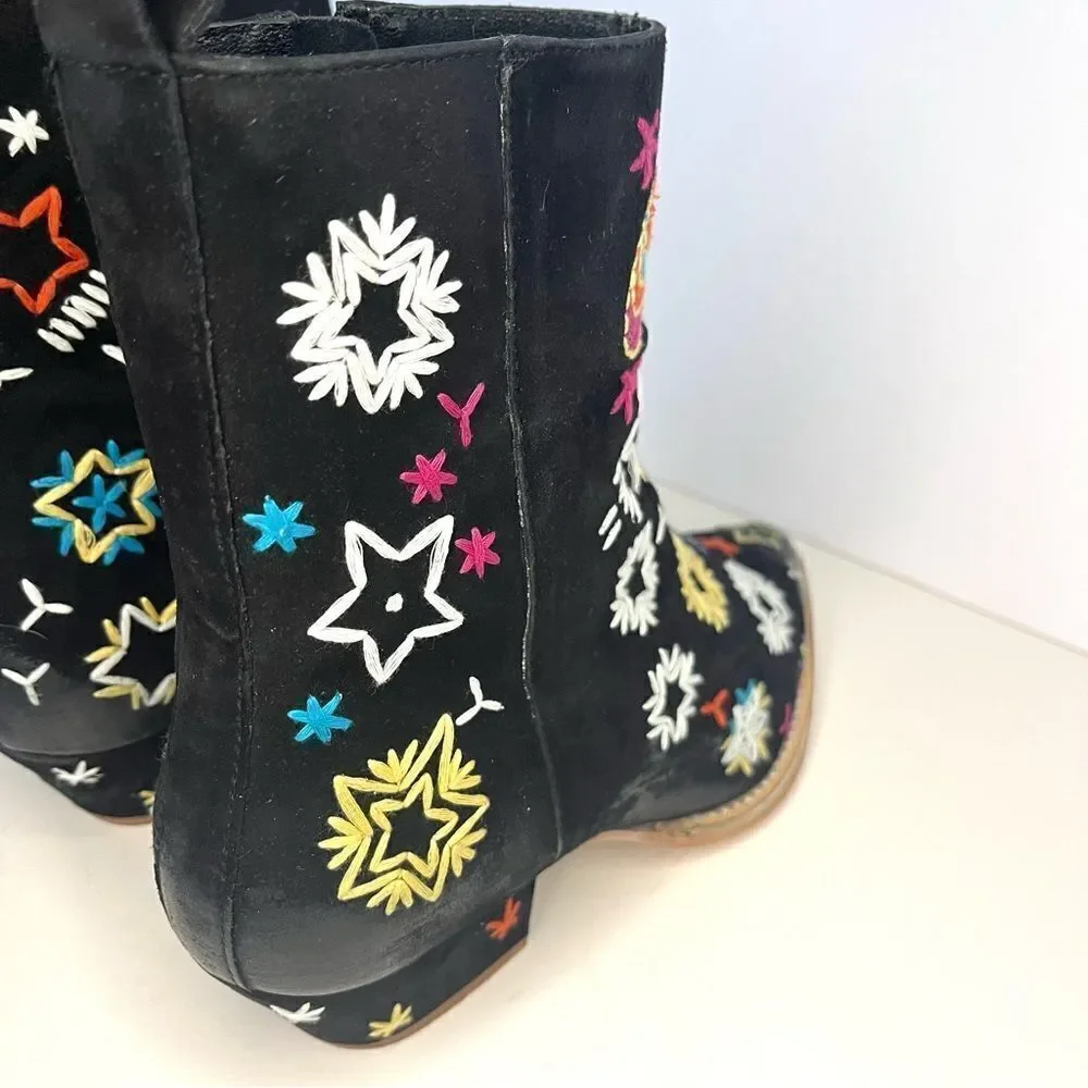 Free People Bowers Suede Embroidered Western Boots in Black‎ Size 6.5 (37) NWOB